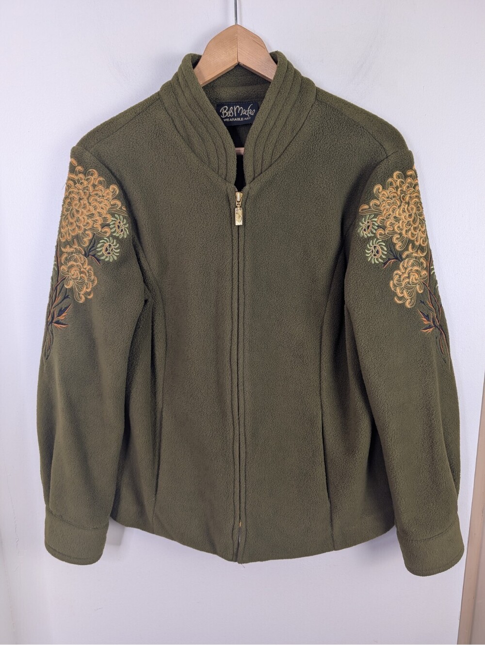 Bob Mackie Size Small Green Fleece Zip Up Jacket Wearable Art Embroidered